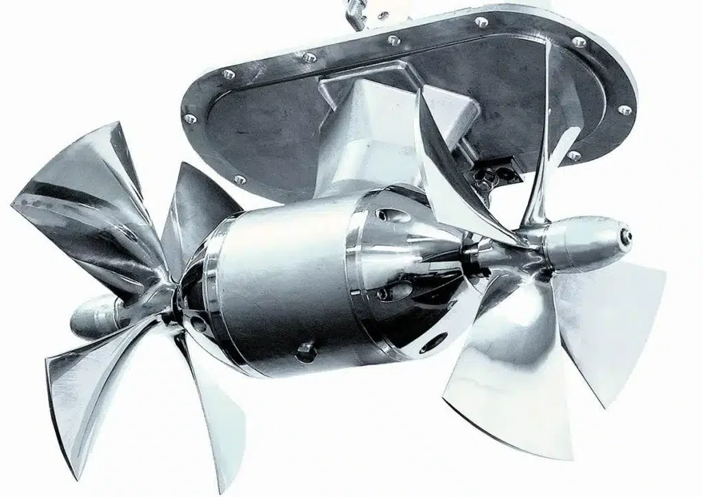 Wesmar-style saddle-mounted dual-propeller marine thruster assembly